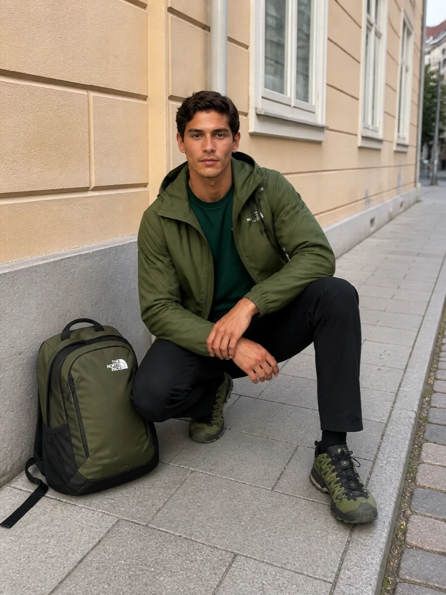 Olive on olive meets black technical grounding, giving a focused city-to-trail uniform that feels considered without getting loud. The forest tee ties into the shell tonally, straight black pants and Salomon runners streamline the silhouette, and the matching pack finishes a clean, utility-led story. It is easy to wear all day, whether you are commuting, walking the city or heading out to light trails after work.