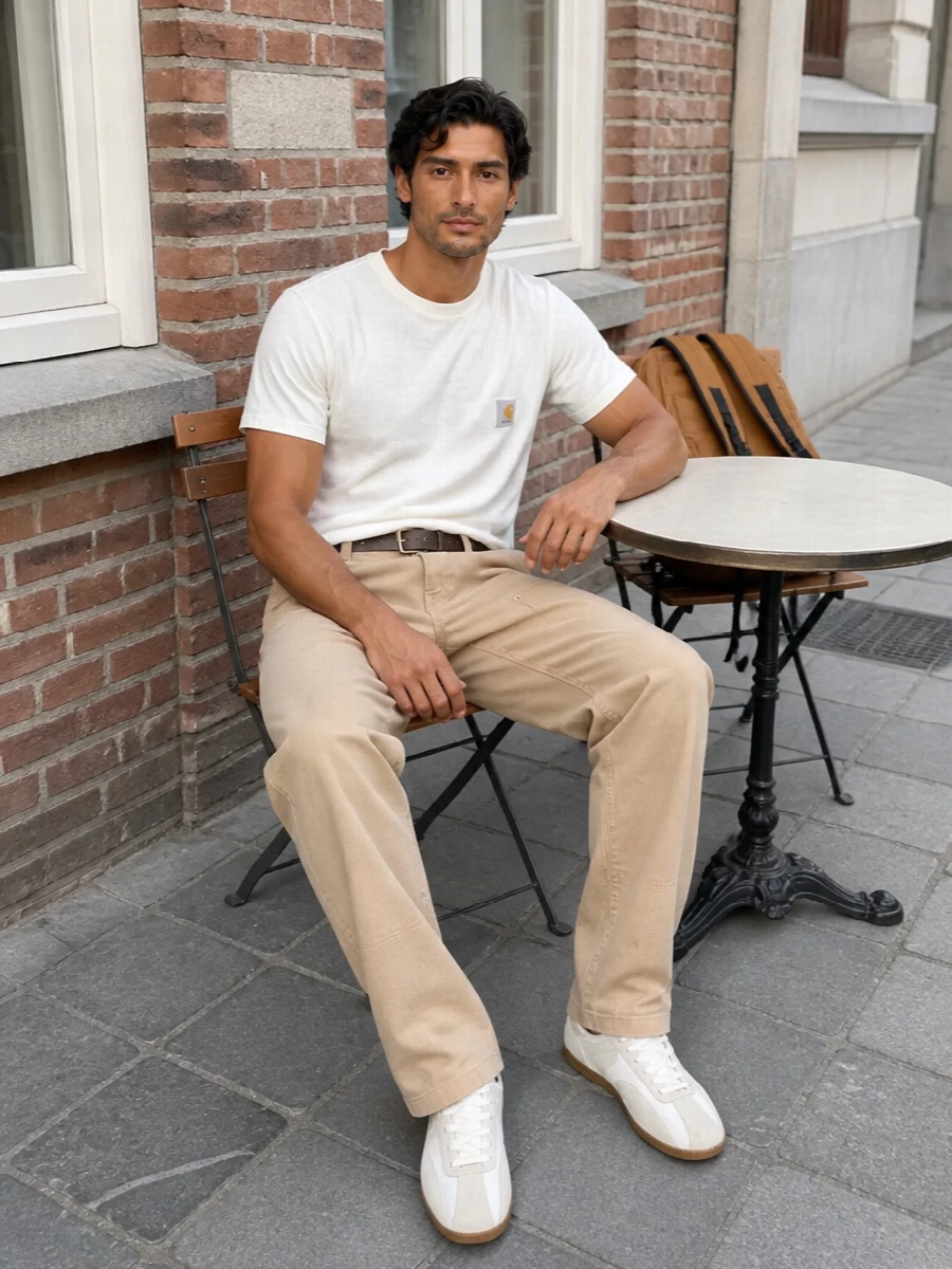 Carhartt khaki work pants neutral sneakers outfit
