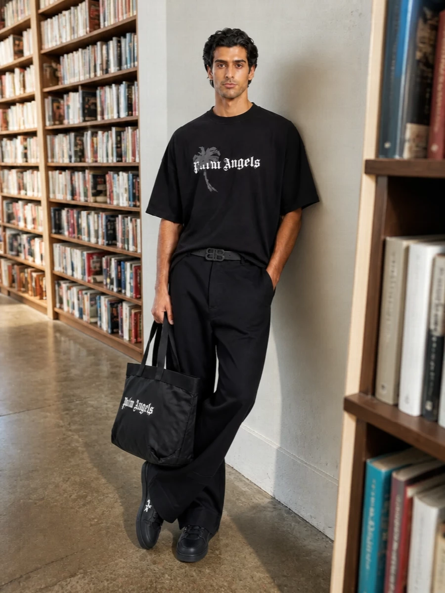 Palm angels black wide leg streetwear outfit men