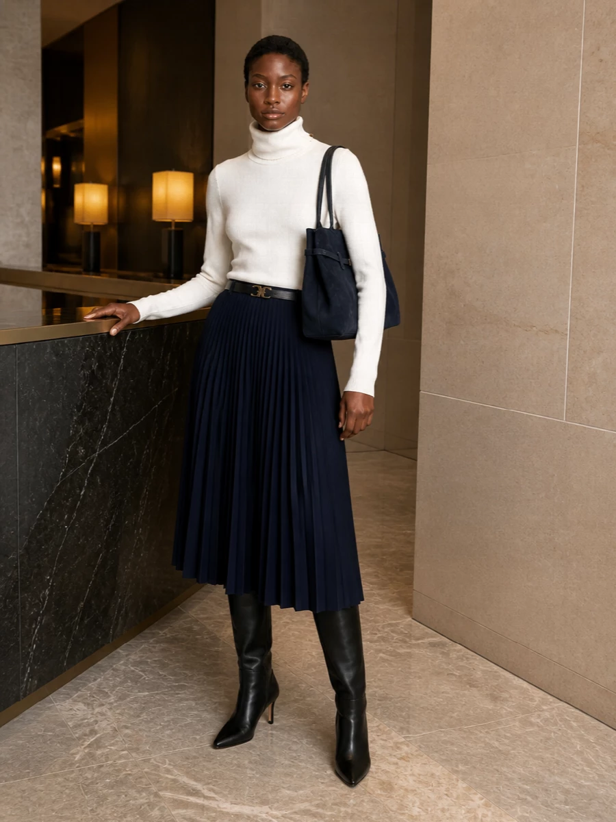 Fabiana filippi navy pleated skirt ivory turtleneck