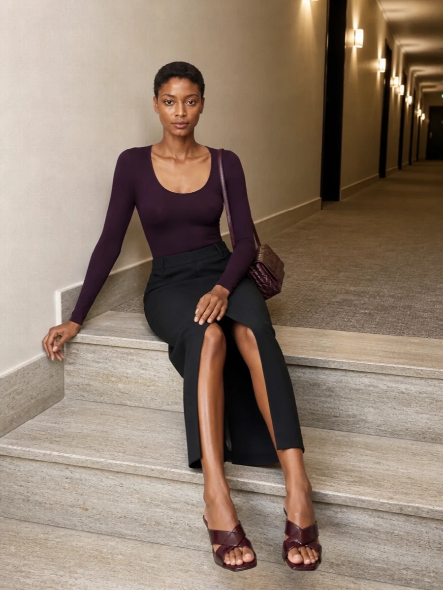 Tom ford column skirt bottega burgundy outfit