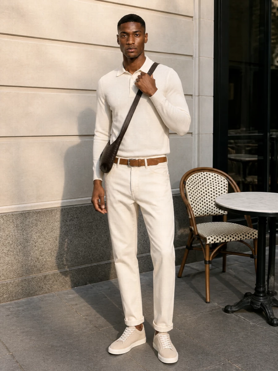 Brunello cucinelli cream jeans ivory polo outfit