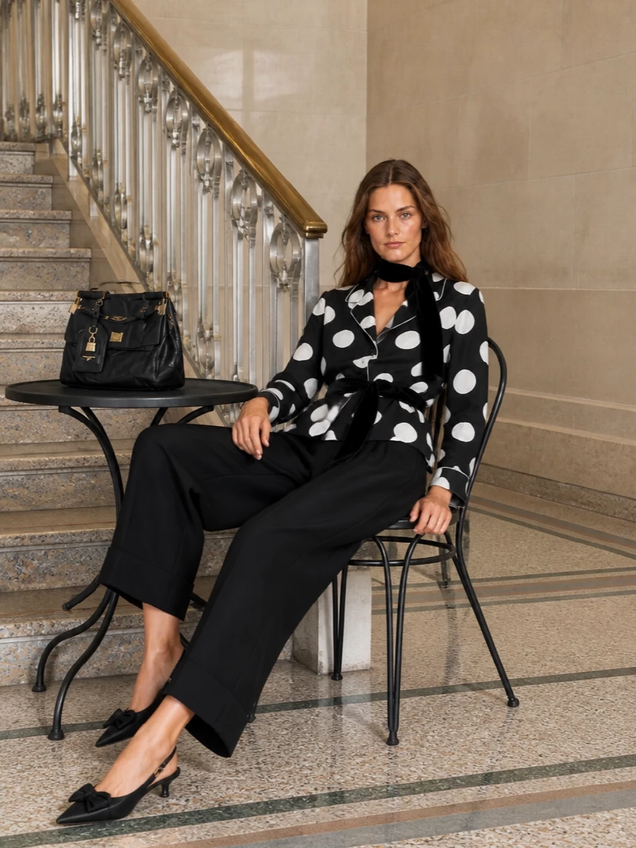 Dolce&Gabbana’s polka-dot pajama blouse is grounded with precise black wide-leg tailoring for a graphic yet controlled evening ensemble. A low-heeled slingback and quilted black shoulder bag keep the mood polished and Sicilian without feeling overdone. The velvet scarf is the final touch of texture, giving a whisper of drama around the neckline.