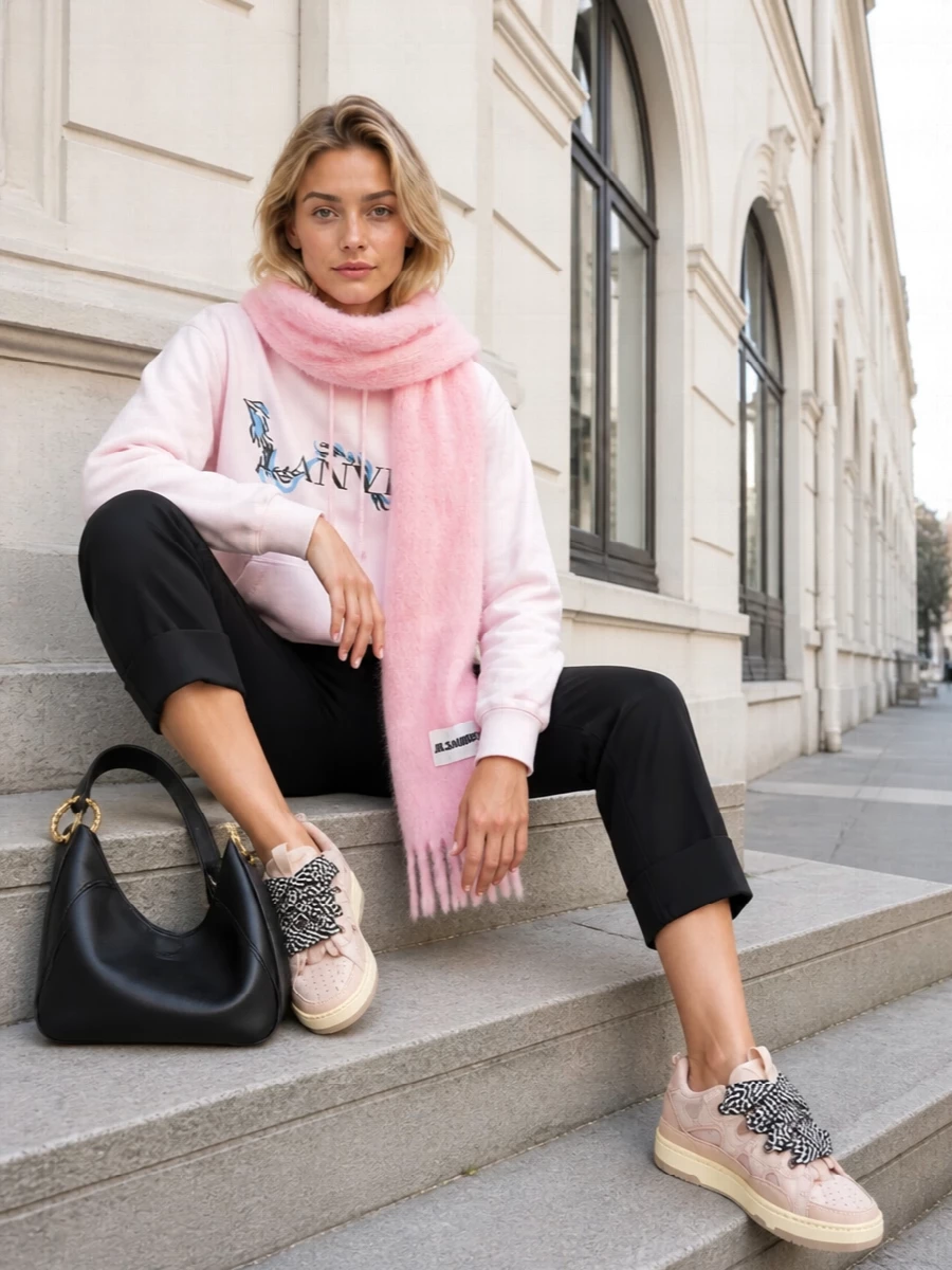 Lanvin pink hoodie black cropped trousers outfit