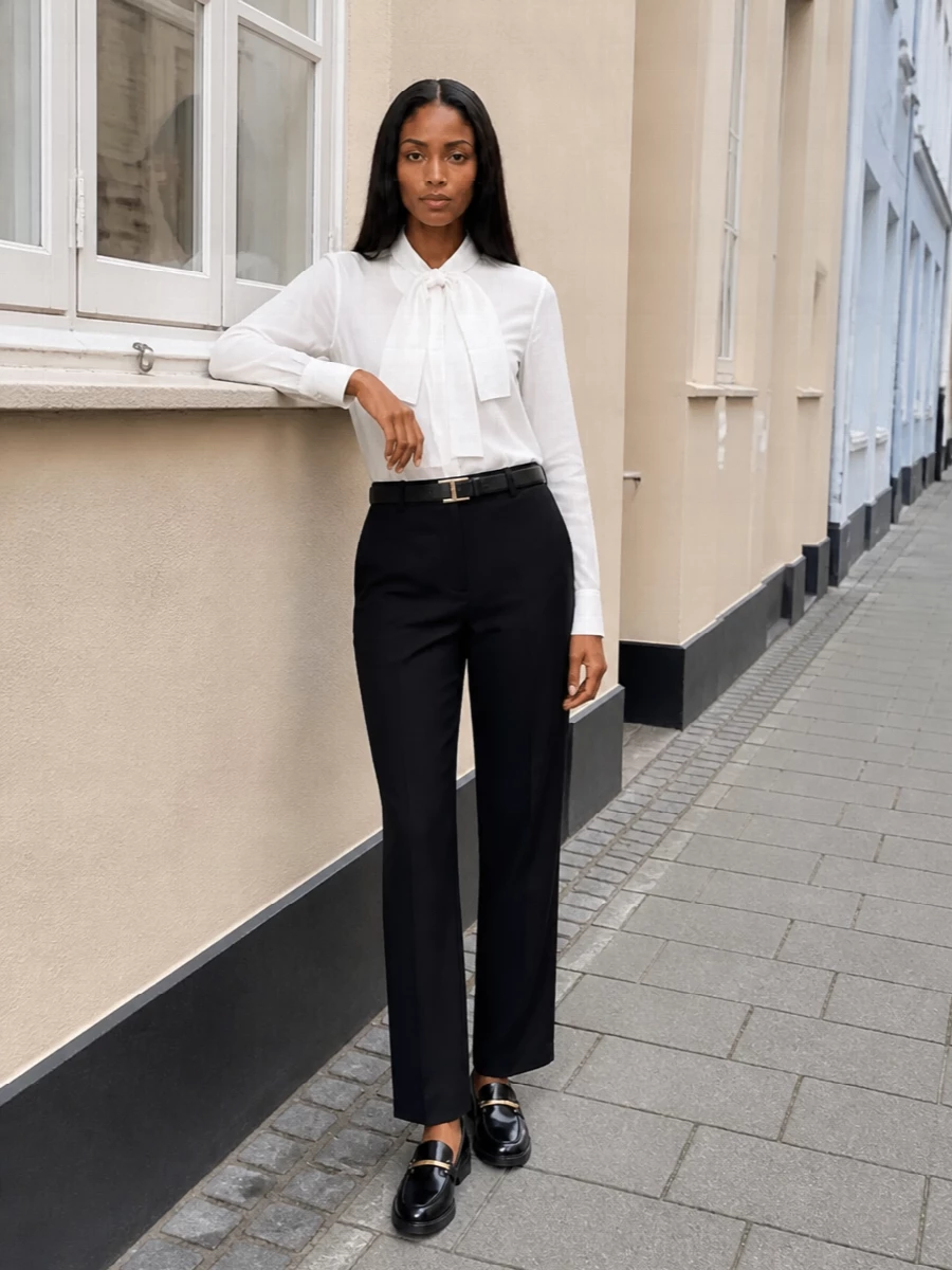 Mm6 black trousers white bow shirt outfit