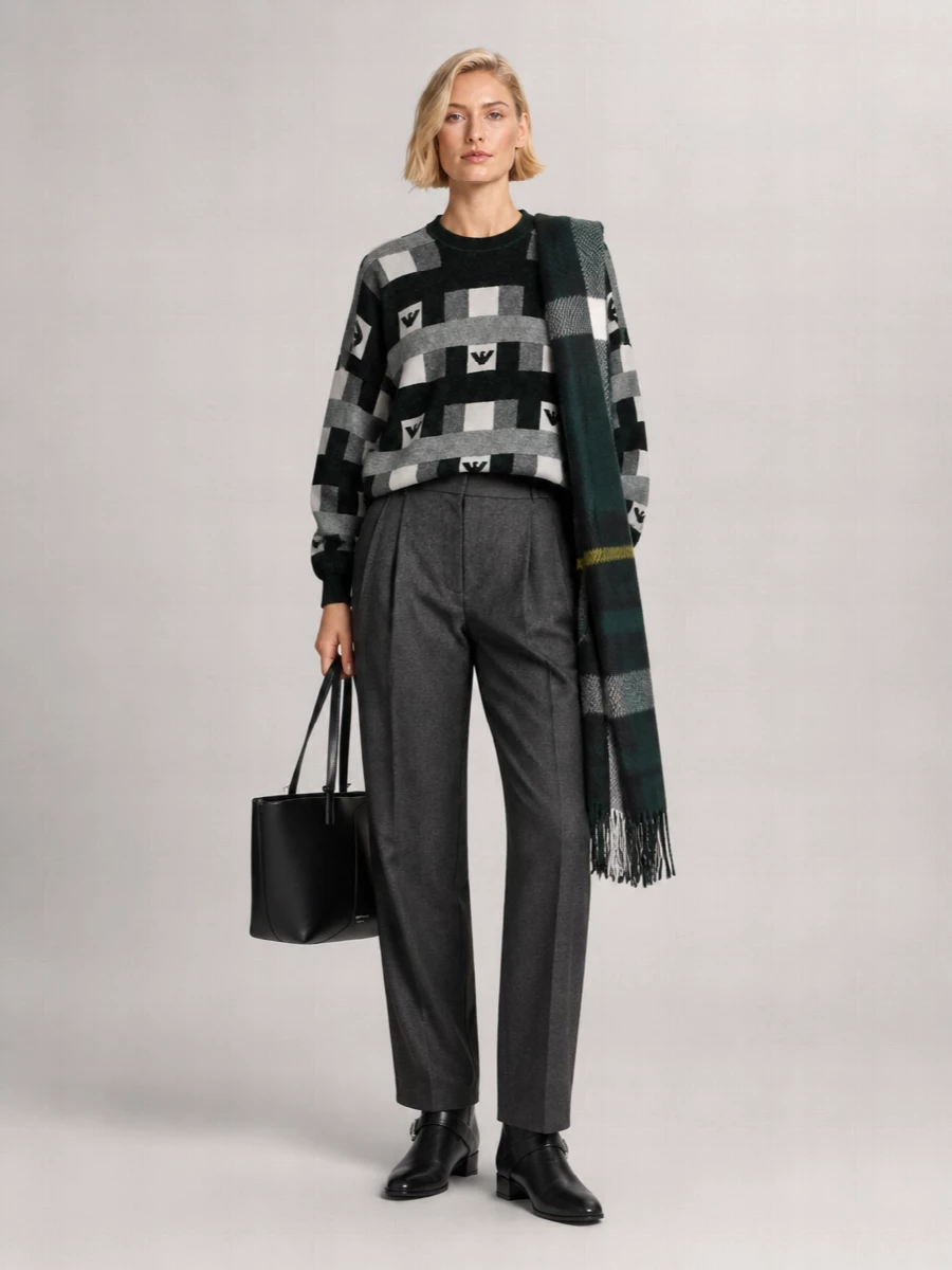 Graphic knitwear meets precise tailoring here, with the checkerboard sweatshirt grounded by clean charcoal trousers and quiet black leather accessories. The result is an easy off-duty outfit that still reads intentional, ideal for city days when you want comfort aligned with a polished, logo-aware wardrobe.
