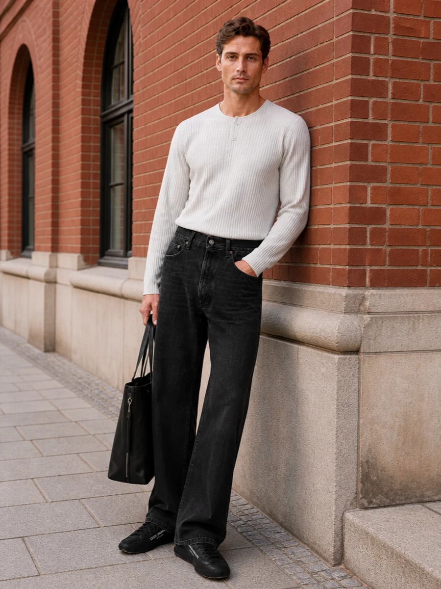 Charcoal wide-leg denim meets pleated light grey knit for a clean, graphic take on casual quiet luxury. Black suede sneakers and a structured leather tote keep the palette tight and the attitude low-key but precise. The proportions feel relaxed, but every line is considered so the jeans read intentional rather than slouchy.