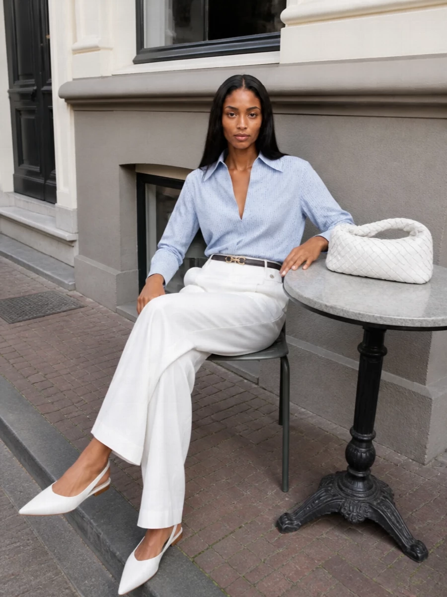 Bottega veneta blue shirt ivory wide leg trousers