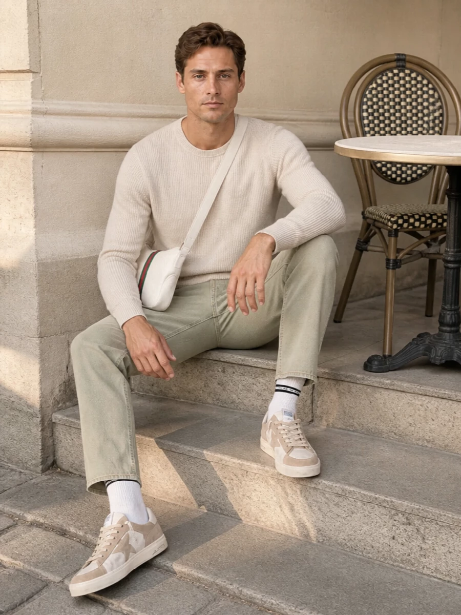 Golden goose cream sweater khaki jeans outfit