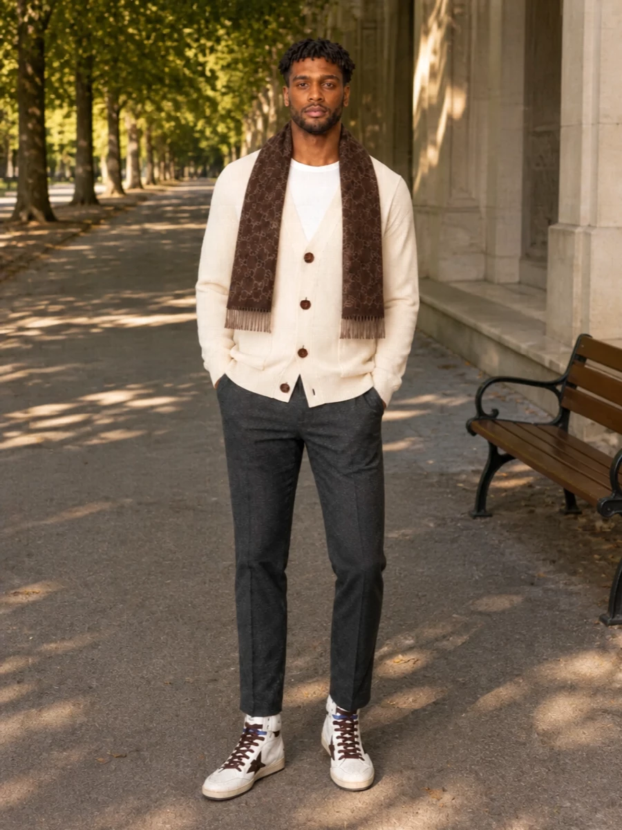 Cream ribbing, charcoal herringbone and deep brown accents create a calm, considered take on smart casual, relaxed in fit but precise in palette. The slim tailored trouser sharpens the cardigan’s softness, while high-top sneakers keep the mood modern and unfussy. A structured GG tote and matching scarf complete a coherent, quietly confident city uniform that moves easily from desk to weekend coffee.