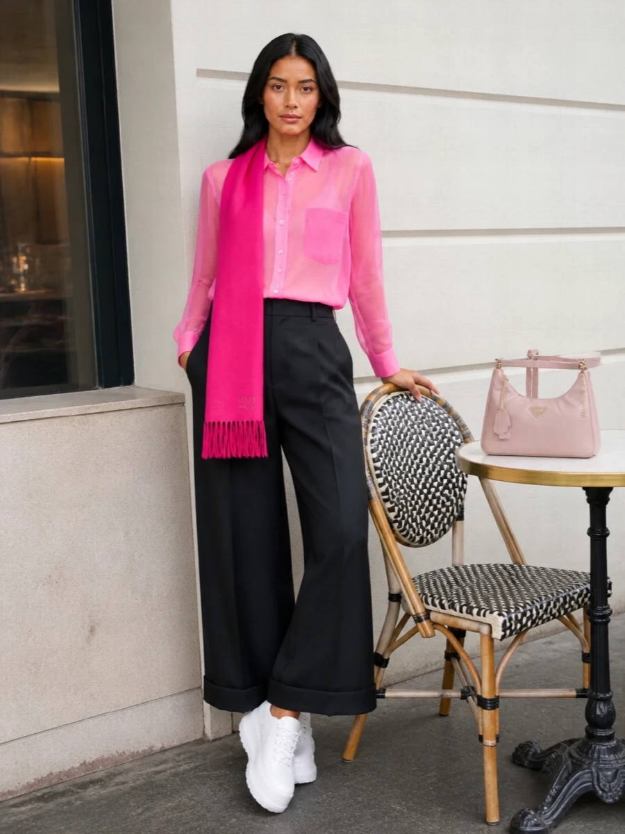 Comme des garcons pink sheer shirt cropped trousers
