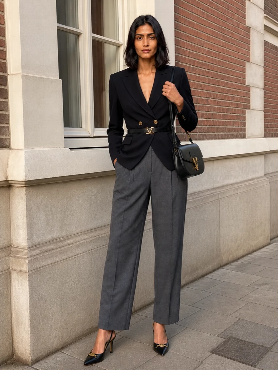 Versace charcoal trousers black blazer heels