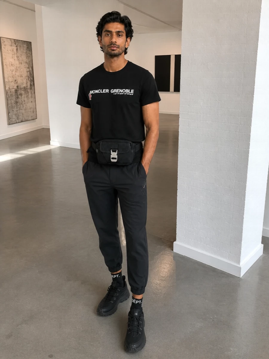 Moncler grenoble black logo tee track outfit