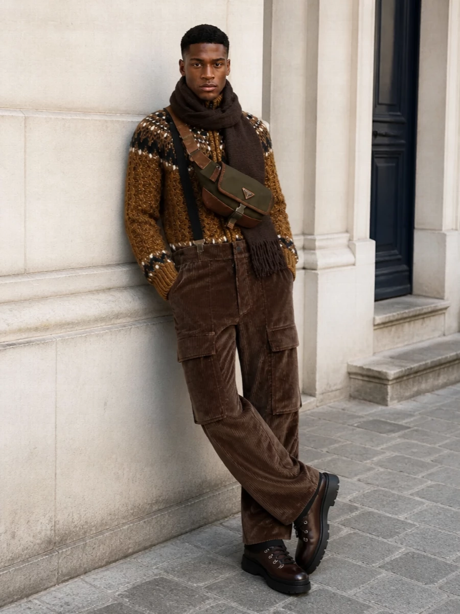 This look builds an elevated alpine uniform around the chestnut corduroy suspenders pant: the chunky camel-and-navy Moncler Grenoble cardigan reinforces the chalet mood with weighty texture and graphic yoke detail. Prada’s burnished shearling hikers and the dark chocolate scarf anchor the palette in deep, earthy browns, while the compact Prada crossbody adds a subtle technical note and hands-free ease, keeping the whole outfit luxe, practical and ready for cold-weather city-to-mountain days.