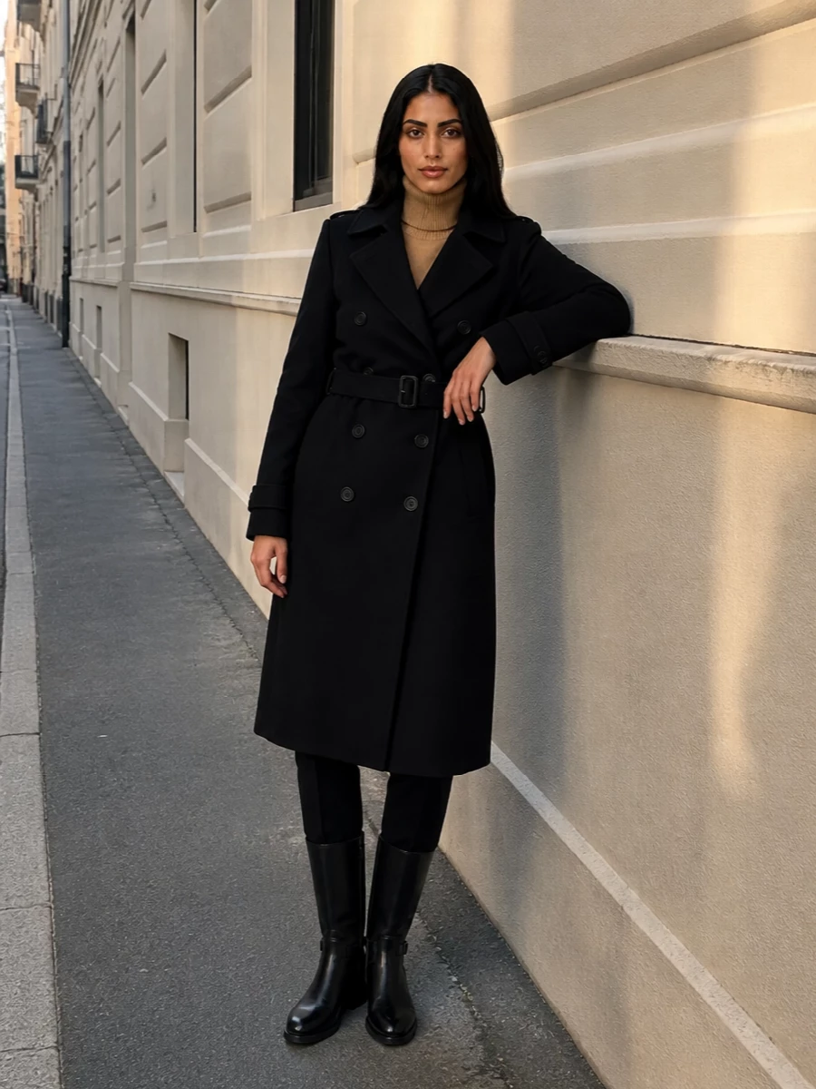 Burberry black coat camel turtleneck tailored trousers
