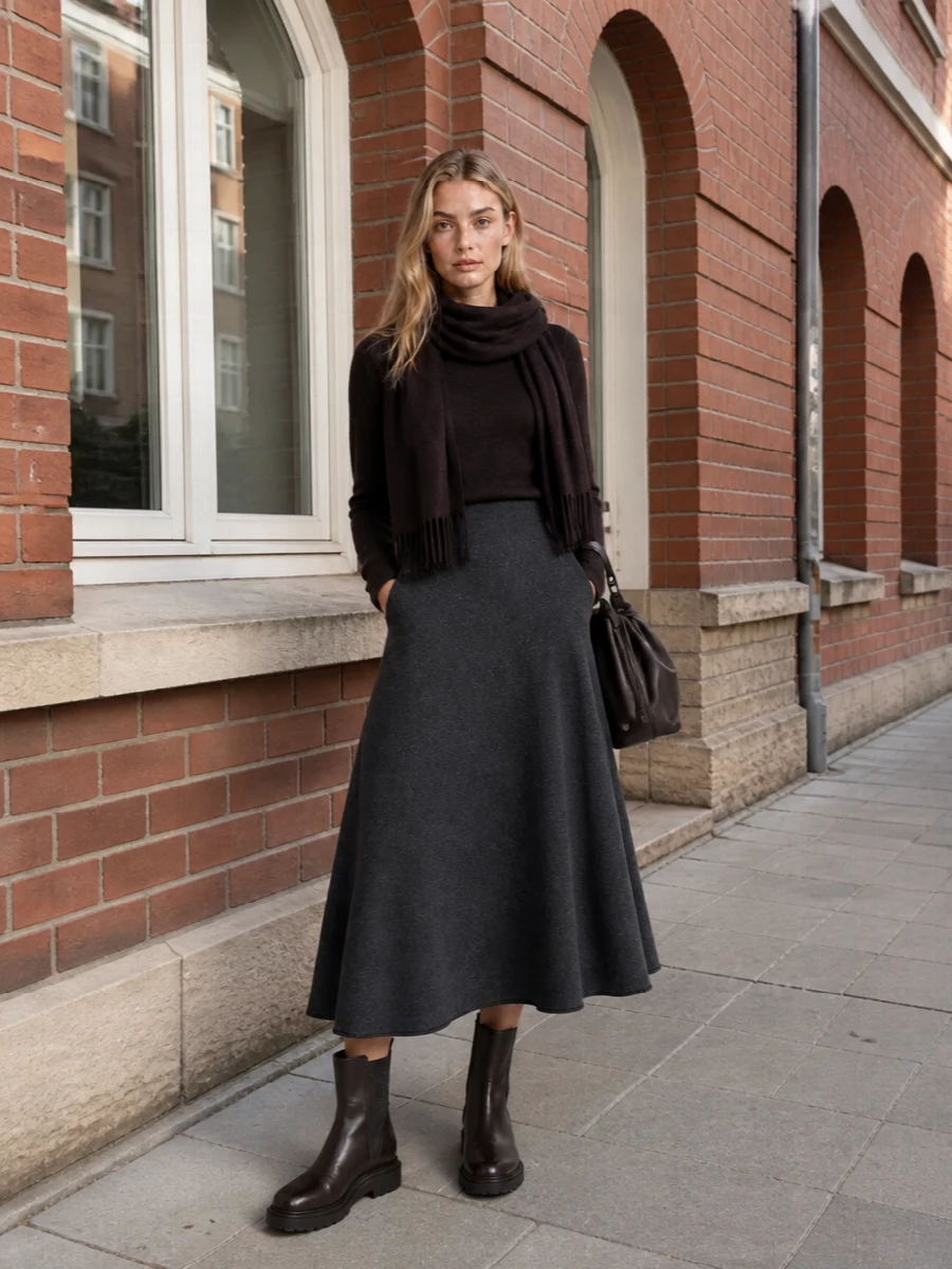 Extreme cashmere brown sweater charcoal midi skirt