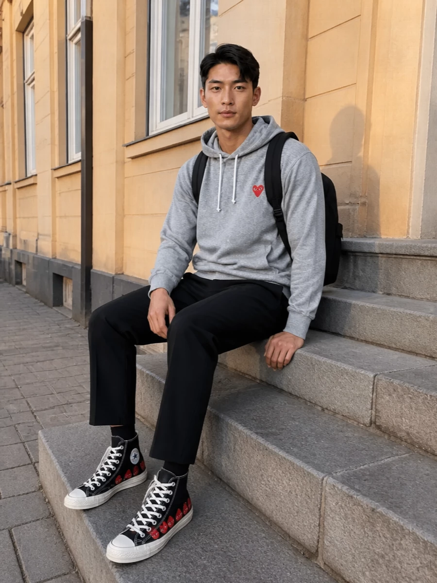 Comme des garcons hoodie charcoal trousers converse