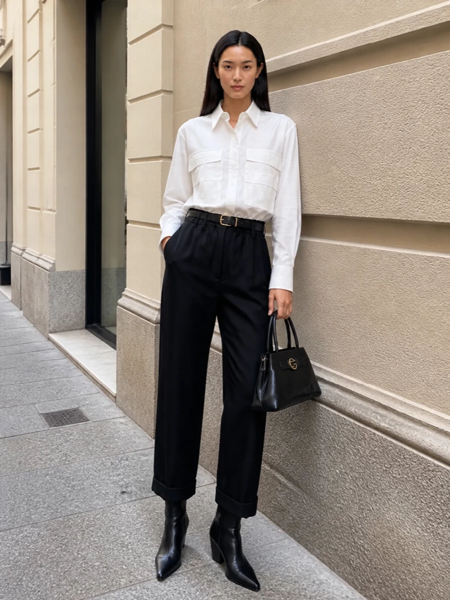 A crisp boxy white shirt tucks into the softly ruched black trouser, keeping the high waist clean while letting the cuffed leg stay relaxed. Pointed black ankle boots and a structured black top-handle bag sharpen the monochrome palette, while a slim black belt quietly defines the waist for a polished, desk-to-dinner finish. The result is pared back but intentional, all about line, proportion and subtle hardware details.