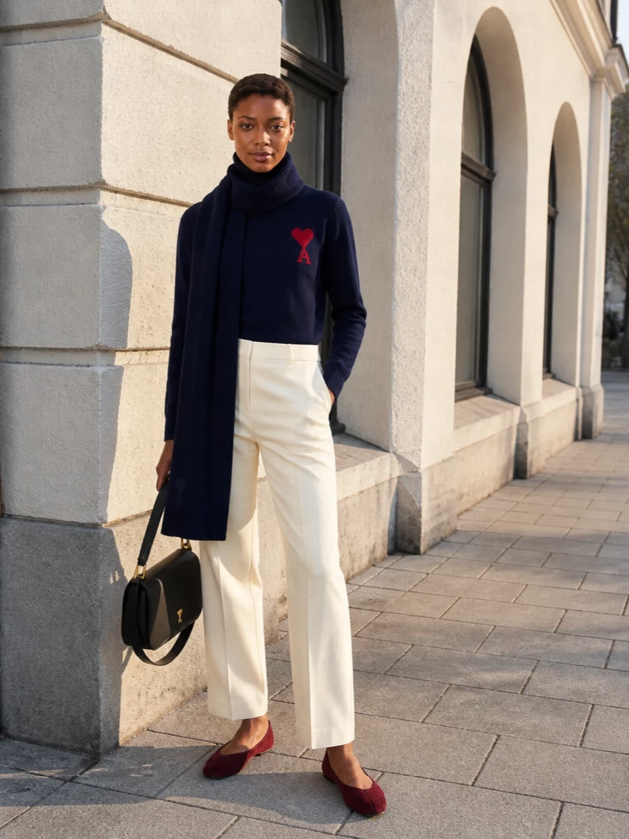 Navy and buttercream keep the palette calm, letting the red heart detail read as a subtle signature rather than a statement. The high-waisted tailored trouser and flat ballerina create a long, relaxed line that still feels city ready, grounded by a structured black shoulder bag. It is an easy, quietly polished way to wear a logo knit from daytime meetings to dinner with friends.
