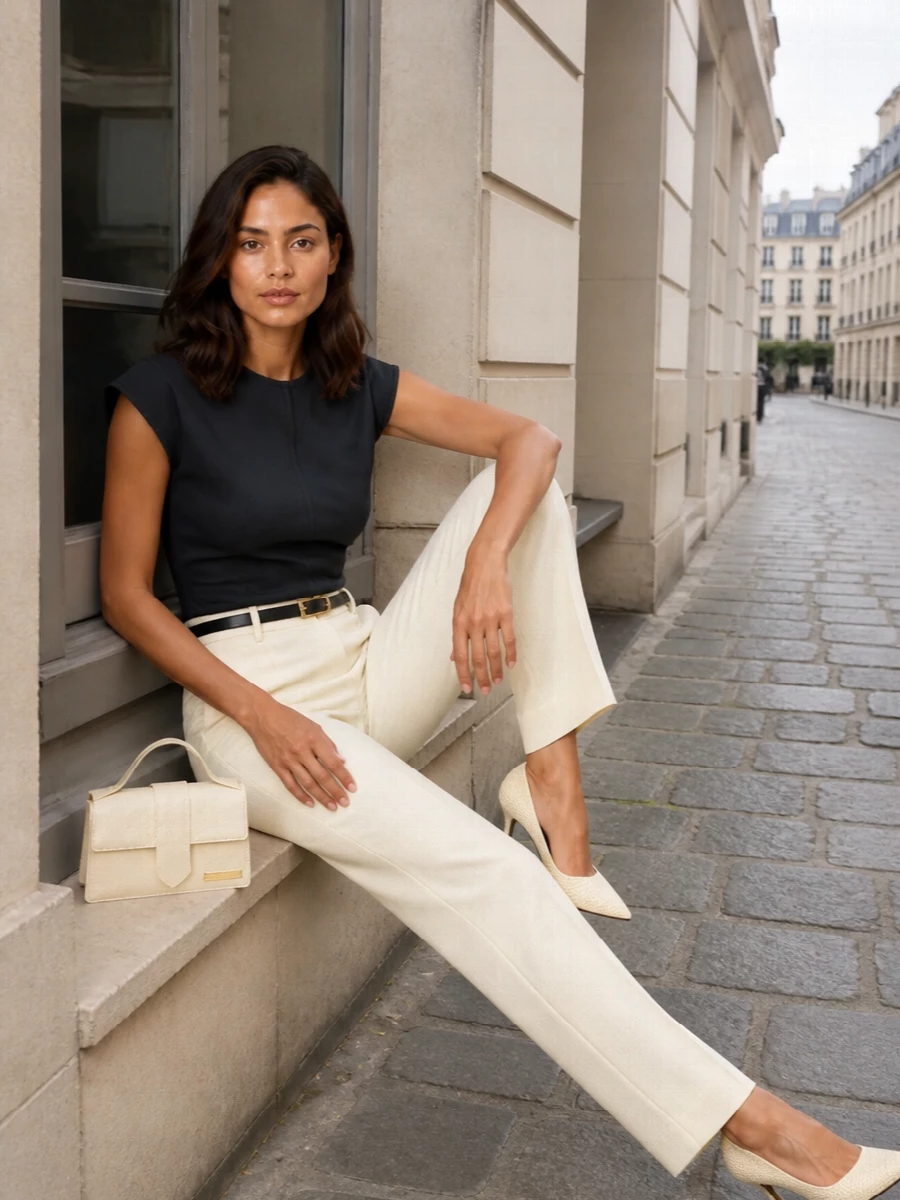 Ami paris buttercream trousers navy top outfit