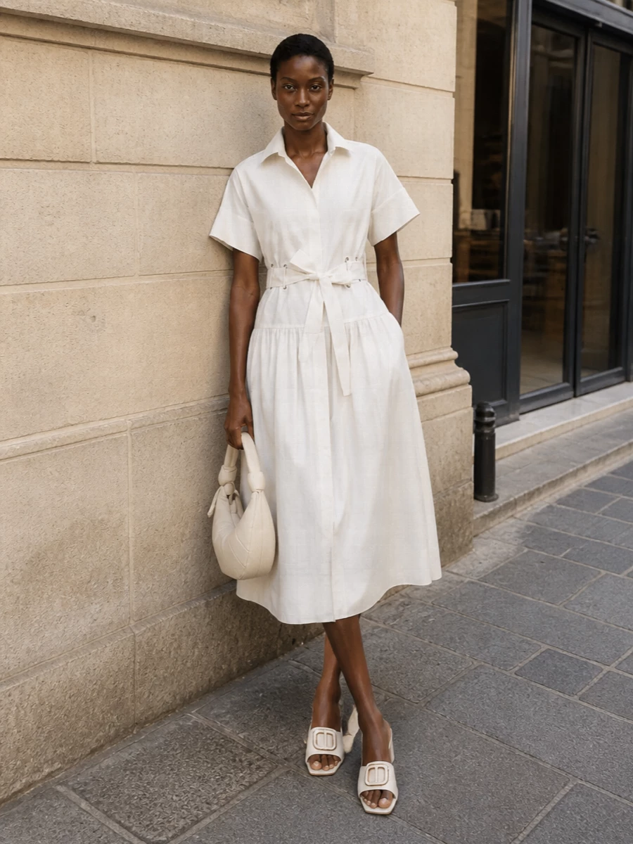 This look leans into tonal ivory for a serene, quietly luxurious summer statement: the belted shirt dress is the hero, its crisp collar and fluid A-line skirt reading effortless yet polished. Ivory block-heel mules and a sculpted ivory hobo keep the lines clean and modern, while a whisper-light matching scarf adds just enough texture to soften the structure without diluting the minimalism.