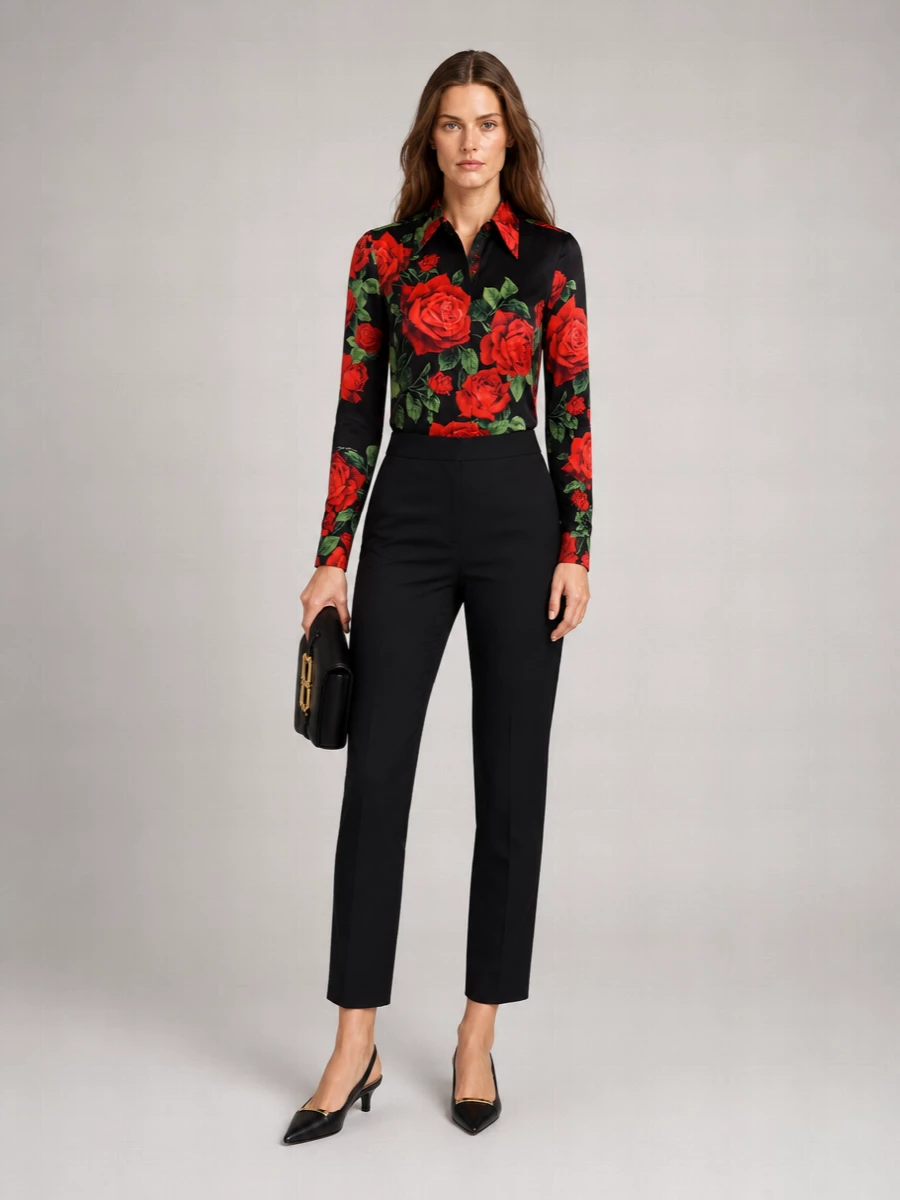 Dolce&Gabbana’s rose shirt is grounded in precise black tailoring, so the print reads powerful rather than sweet. Slim Armani trousers, a pointed slingback and a structured Tom Ford bag create a long, clean evening line that moves effortlessly from dinner to late-night drinks. The result is romantic suiting with unmistakable Italian polish and focus on the waist-up drama.