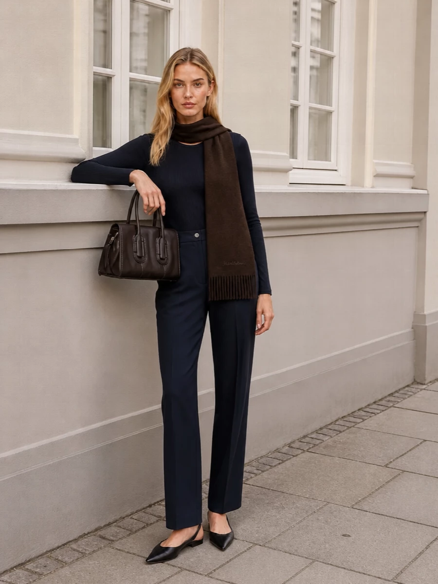 A deep navy knit tee and straight-leg trouser create a long, uninterrupted line that feels calm, precise and quietly luxurious. Black slingback pumps refine the proportions, while the espresso bag and scarf add just enough warmth without breaking the minimal palette.