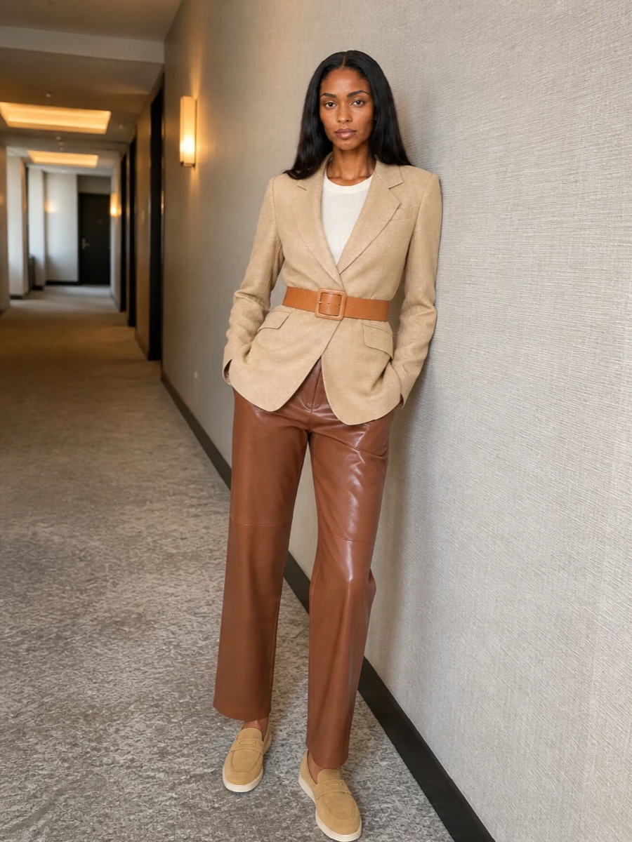 Caramel faux leather meets sun-bleached sand tailoring for a precise, neutral palette that feels calm yet intentional. The straight-leg trouser is grounded by soft camel suede loafers and a structured taupe top-handle, while a wide tan belt quietly carves out the waist so the proportions stay clean and modern. It is an office-ready combination that reads just as considered at a late lunch as it does at a morning meeting.