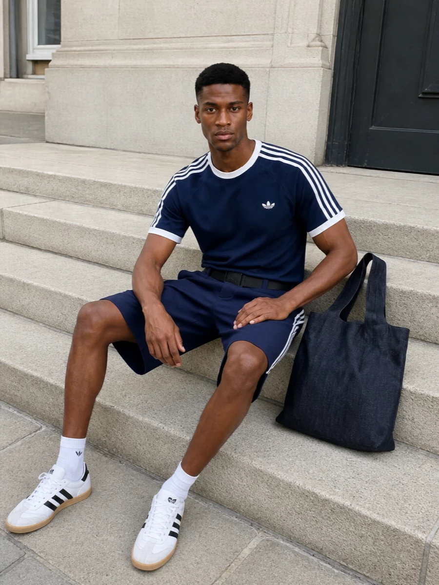 Adidas navy tee wide shorts terrace sneakers