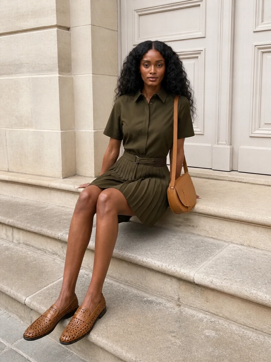 This outfit leans into a collegiate, utilitarian kind of polish: the olive shirtdress gives you structure on top, movement through the pleated skirt and an easy cinched waist. The woven cognac loafers keep it grounded and tactile, while the camel saddle bag ties the warm leather tones together for a quietly composed, day-to-dinner ensemble. Choosing the dress route rather than separates lets the loafers read as the focal texture against clean, uninterrupted tailoring.