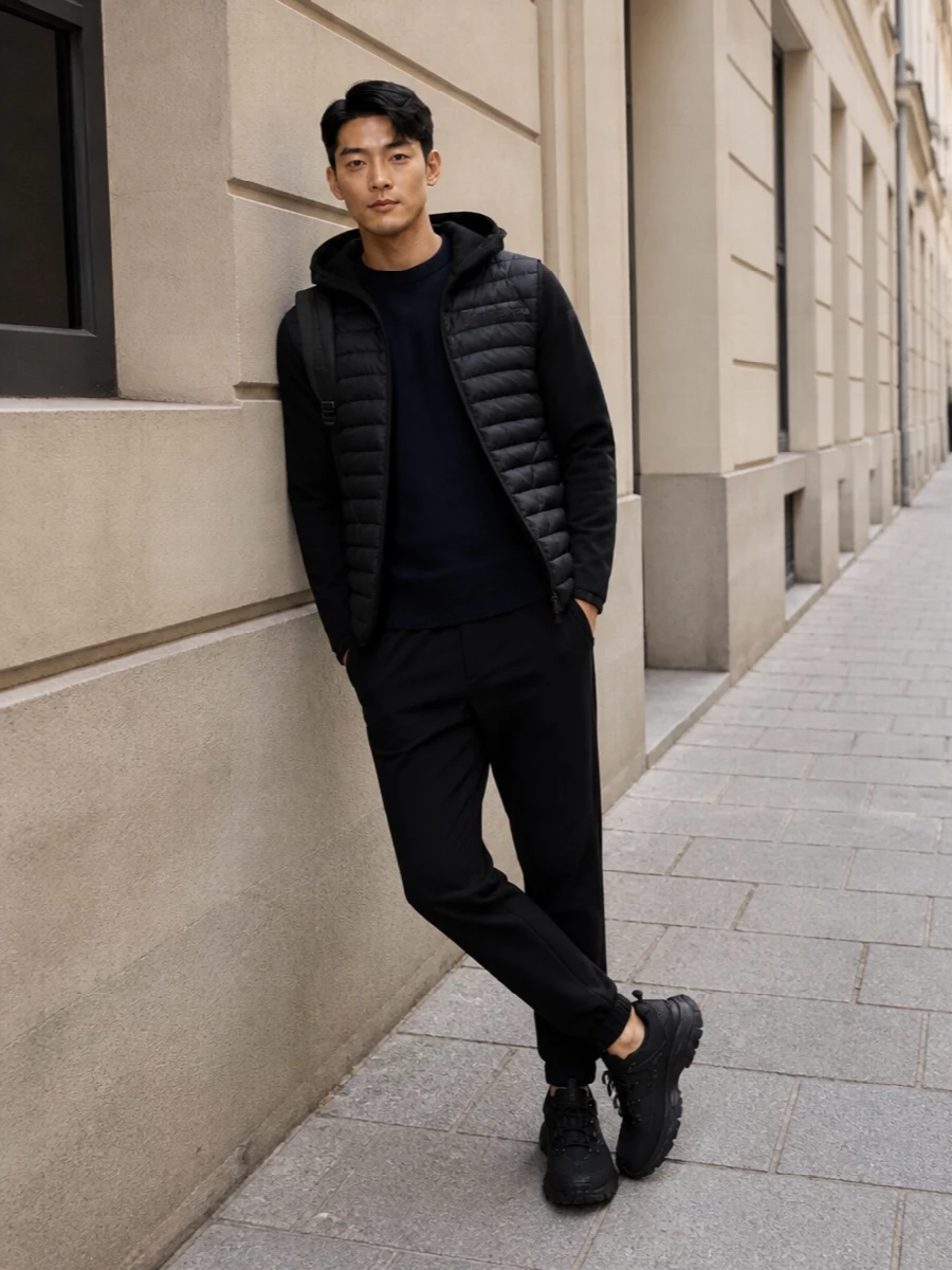 Moncler grenoble jacket black track pants outfit