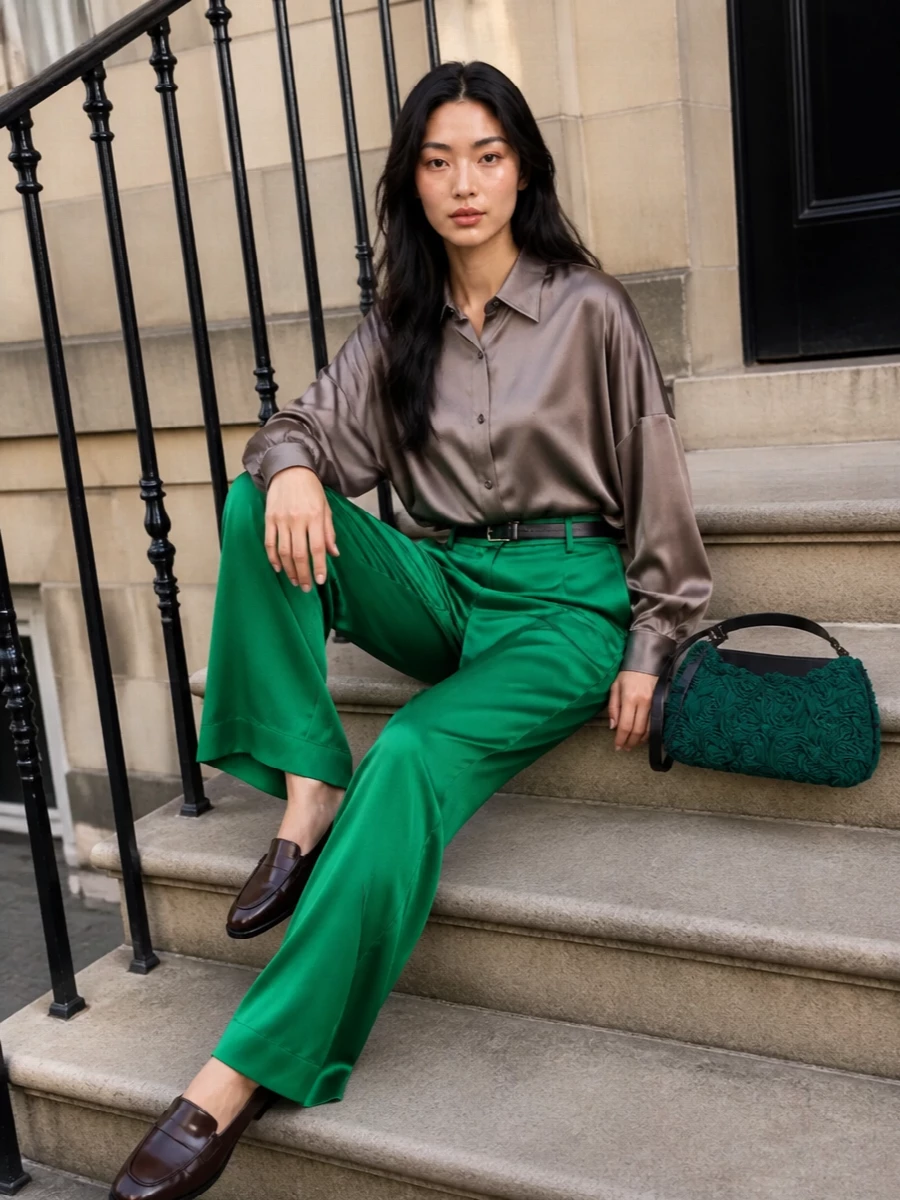 Emerald satin grounds the outfit with confident color, tempered by a smoky taupe shirt that softens the shine while keeping the line precise. Burnished loafers add a subtle menswear edge, and a tonal emerald shoulder bag folds into the palette rather than shouting over it. The result feels poised for cocktail dinners and art openings, modern yet quietly opulent in its use of color and texture.