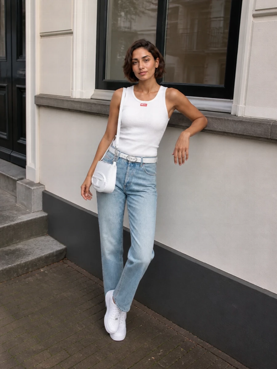 Diesel white tank light jeans nike sneakers