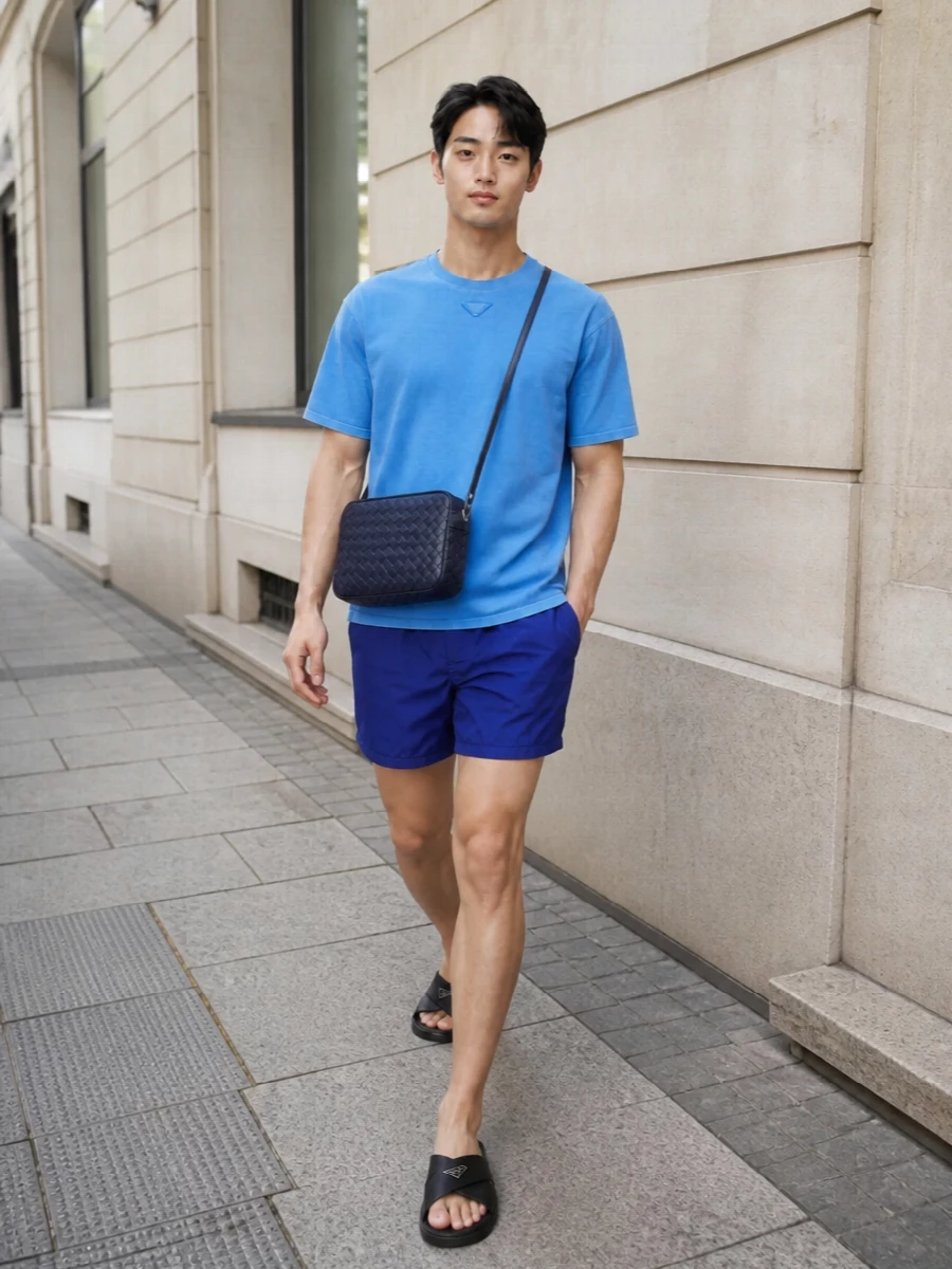 Prada cobalt swim shorts sky blue tee outfit