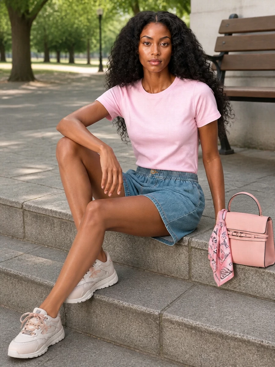 Moschino pastel pink tee denim shorts outfit