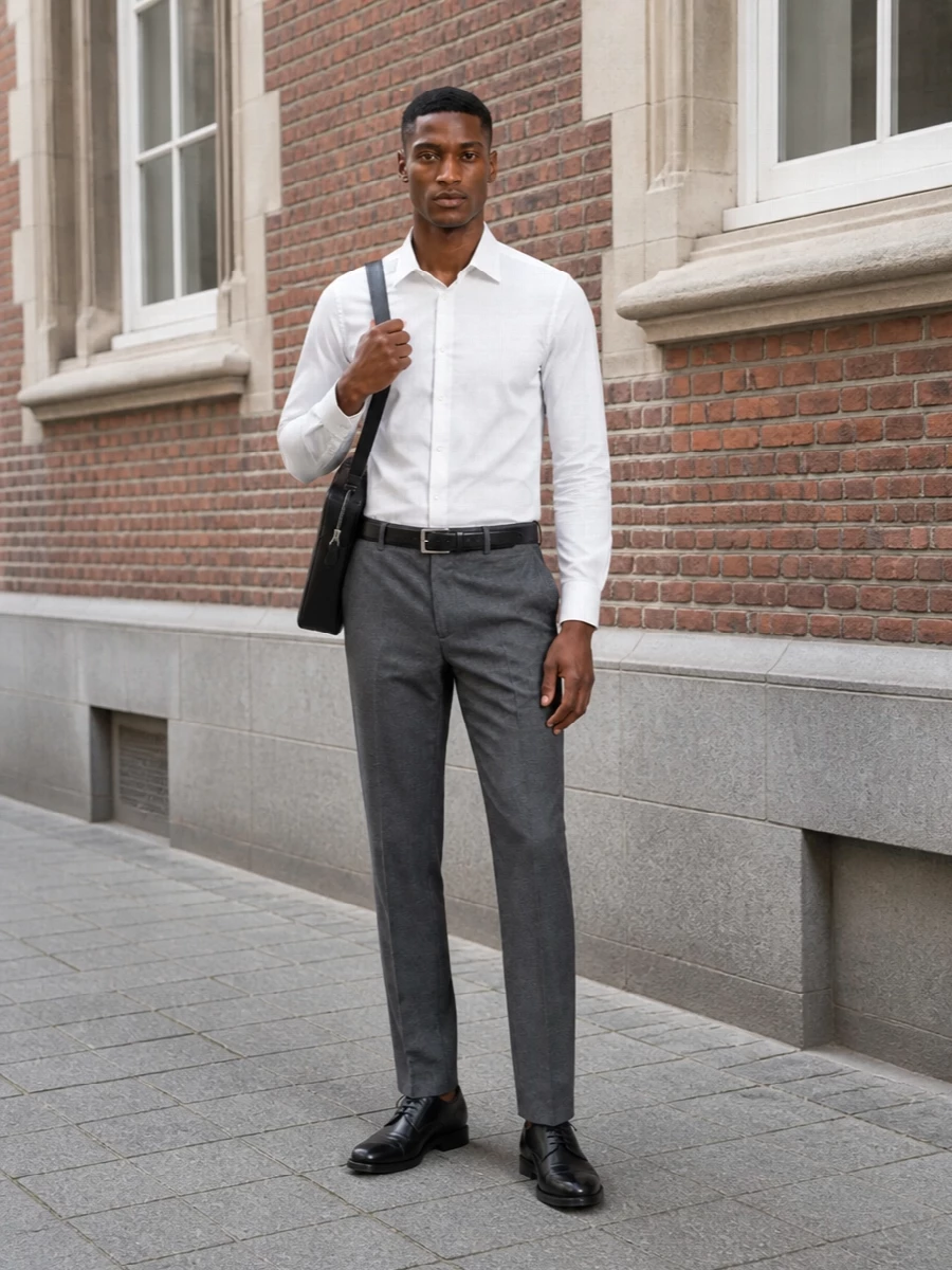 Charcoal Margiela tailoring is kept precise and quiet with a pristine white shirt and polished black derbies, giving a disciplined, office-ready uniform. A structured Prada briefcase and clean black belt sharpen the lines, letting the subtle subversive details of the cut and cloth do the talking.