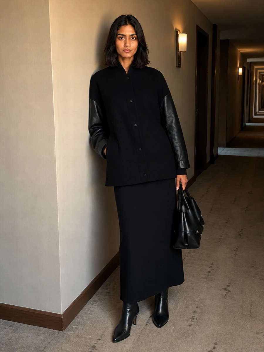 Toteme black coat column dress outfit