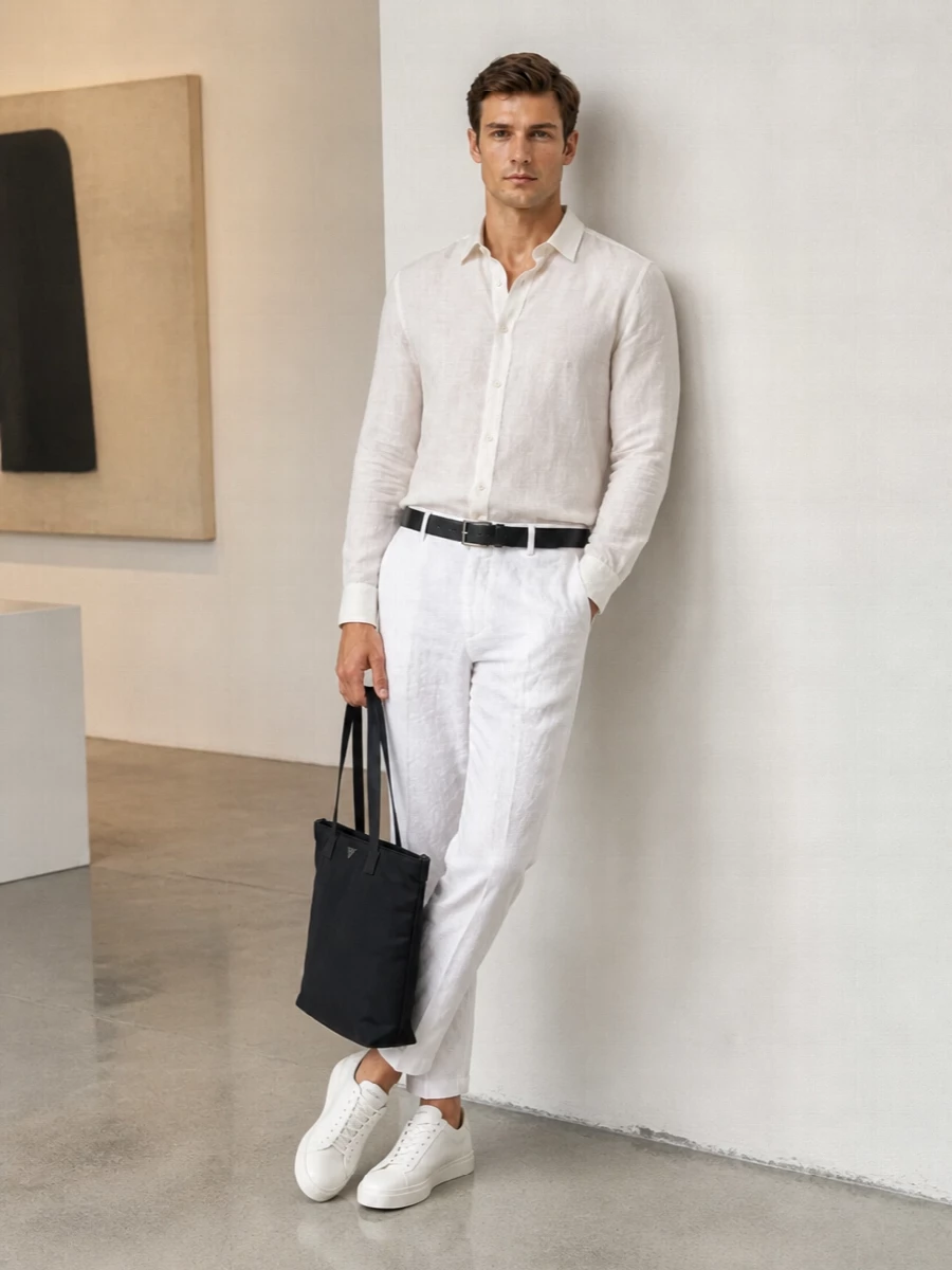 Emporio armani white trousers ivory shirt outfit