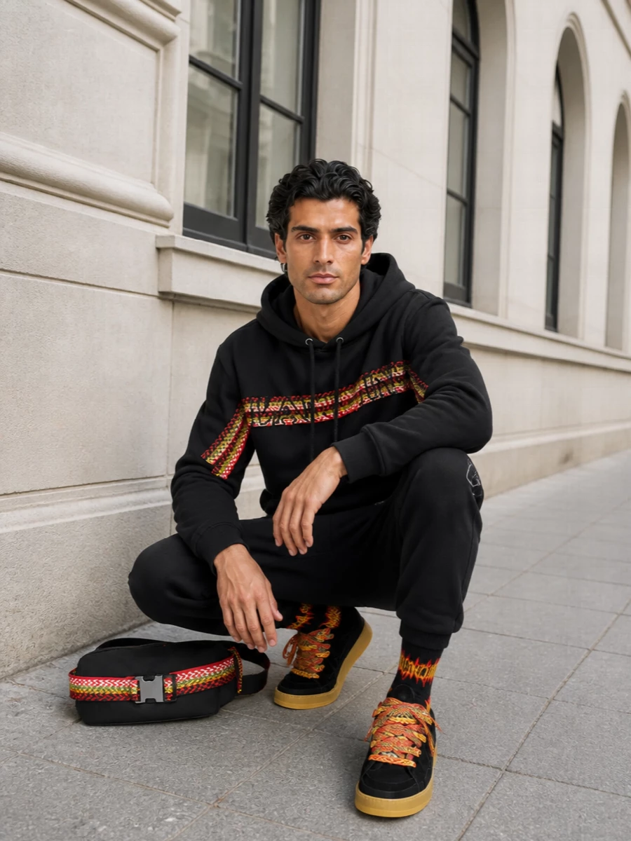 Lanvin black hoodie joggers sneakers outfit men