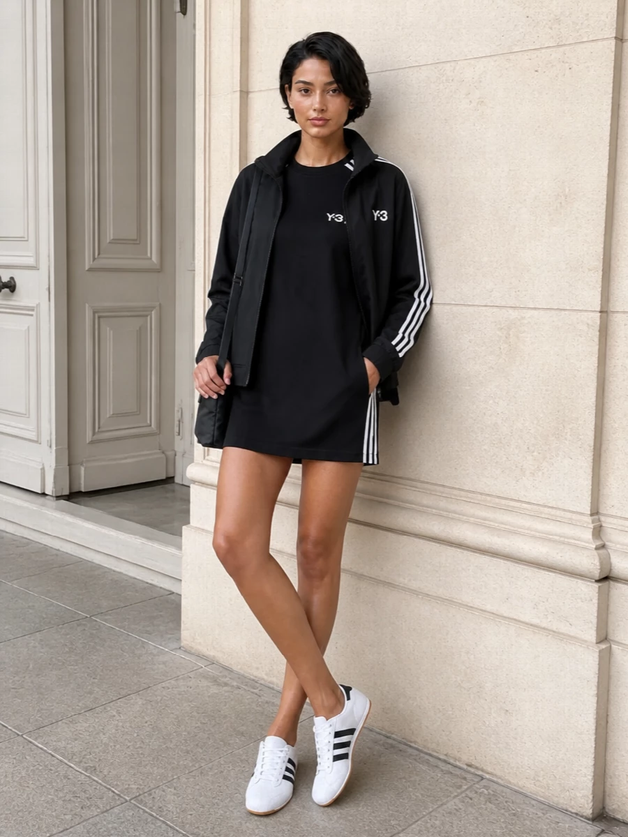Y3 black bomber tshirt dress adidas sneakers