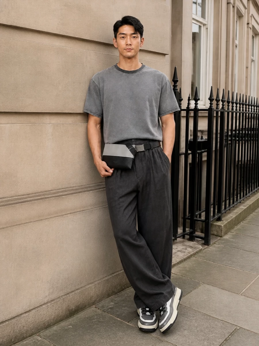 Diesel grey wide leg trousers washed tee outfit