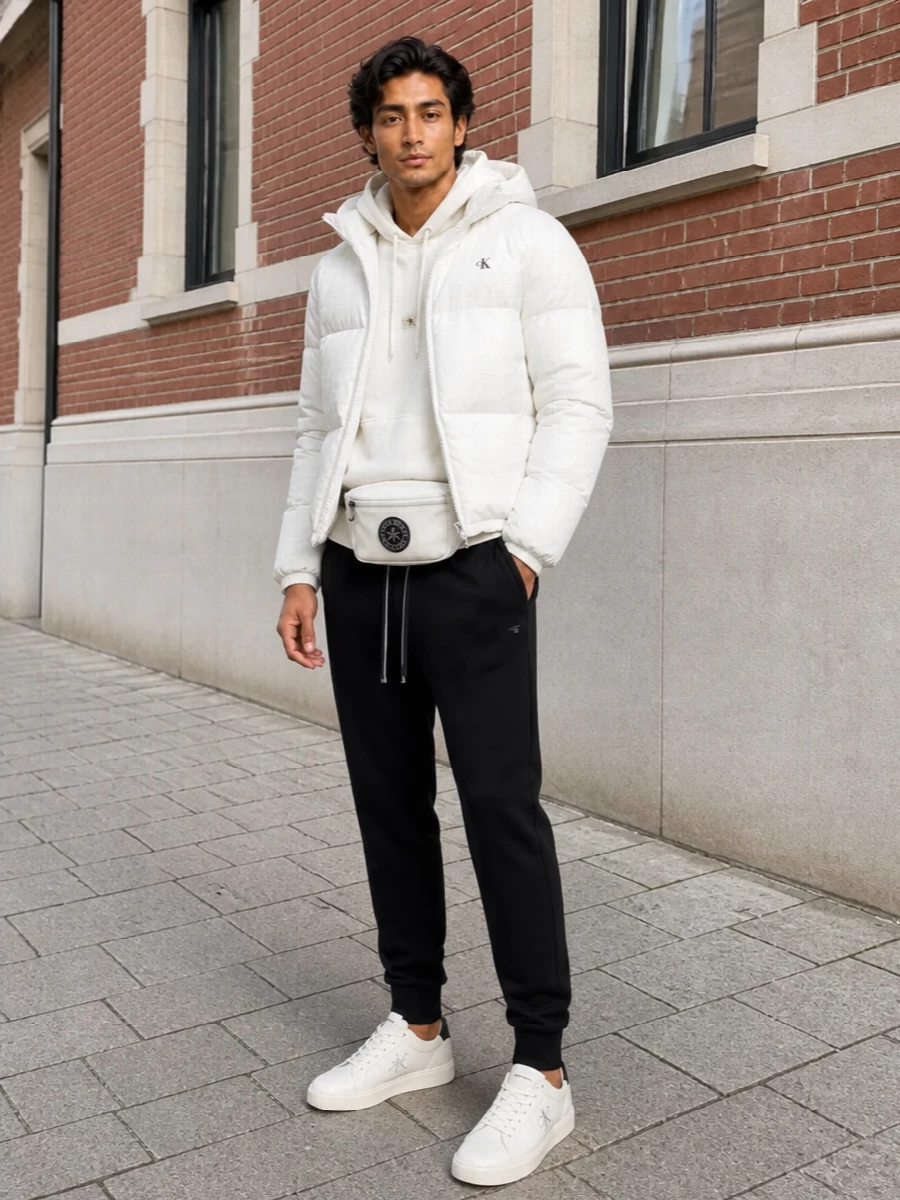 Calvin klein white puffer black joggers outfit
