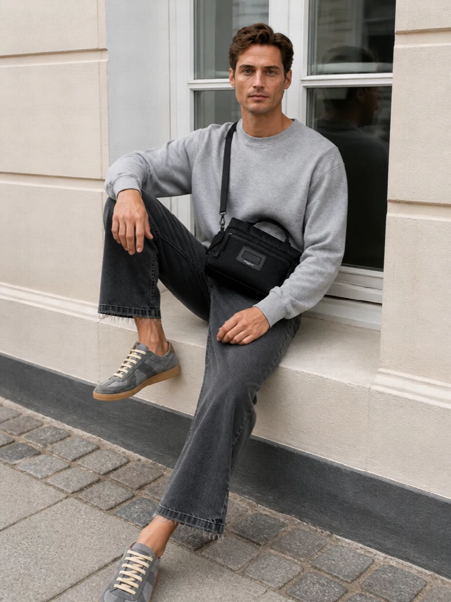 A heather Margiela sweatshirt sits over washed charcoal wide-leg denim for a soft, architectural take on streetwear. Tonal grey sneakers keep the line quiet and cohesive, while a structured black crossbody introduces just enough precision. The result is relaxed and monochrome, with the kind of proportion play that reads considered rather than casual.