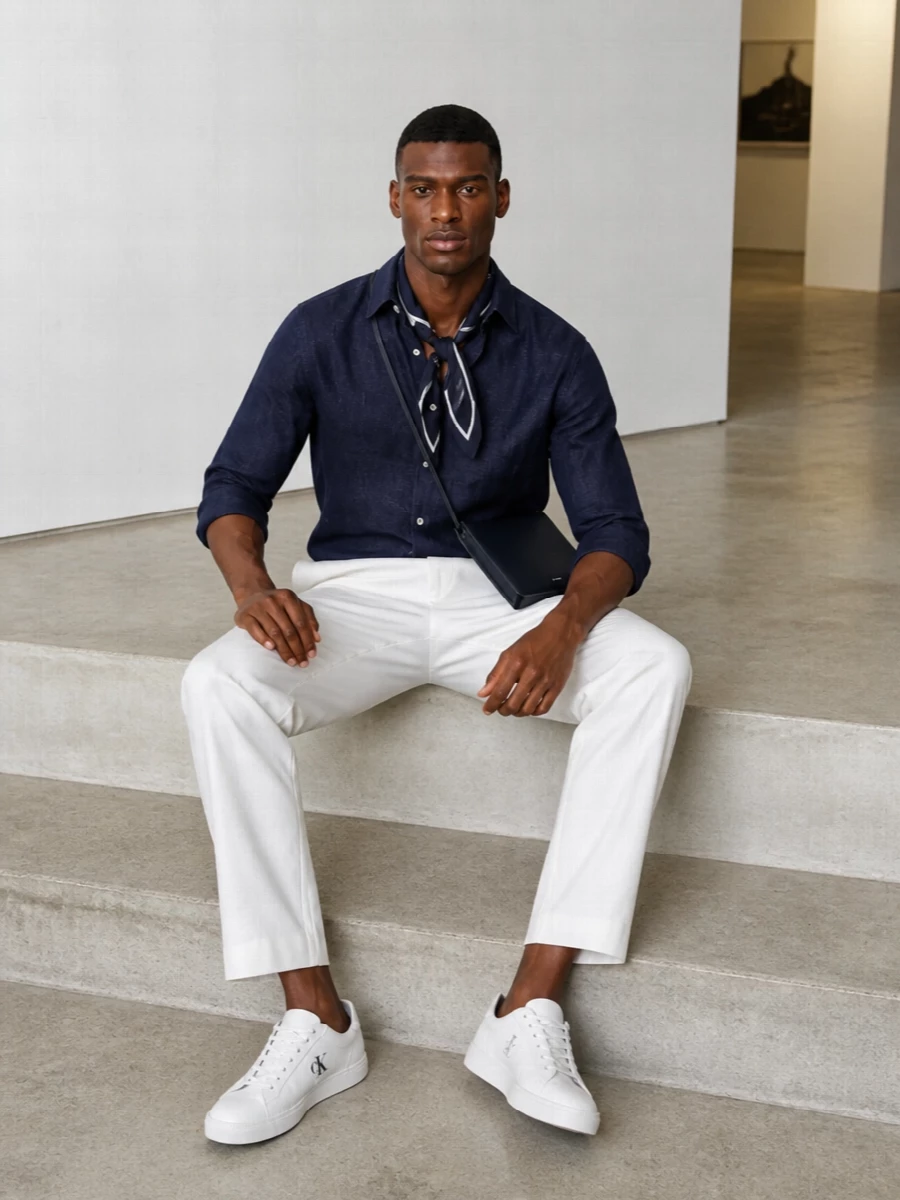 Tagliatore white trousers navy shirt sneakers