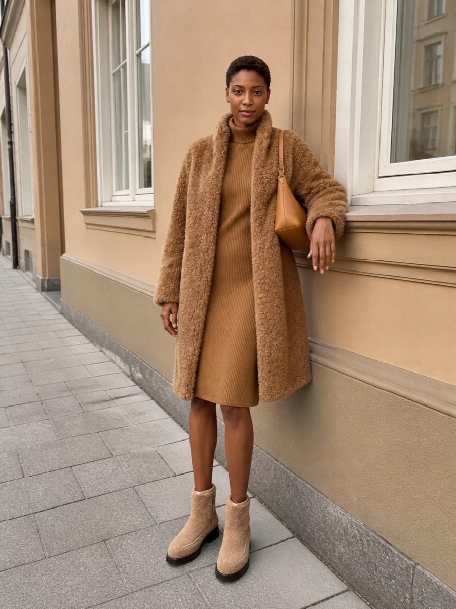 Max mara camel sweater dress herno faux fur coat