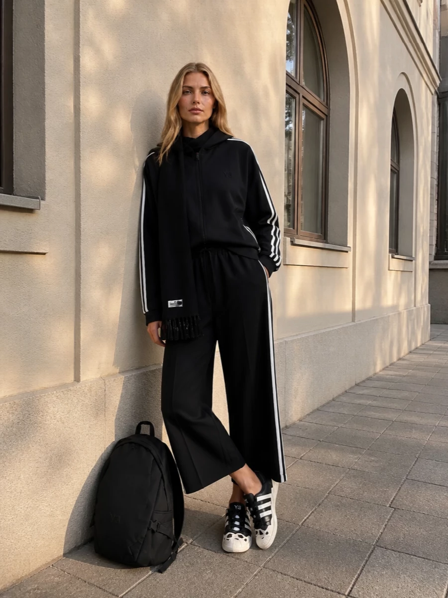 Head-to-toe black and white Y-3 keeps this set sharply graphic, with the striped hoodie and matching cropped wide-leg pant reading like a modern tracksuit. Streamlined low-top sneakers and a matte backpack stay in the same technical language, so the whole outfit moves cleanly from studio to street without losing that precise, athletic edge. A fringed black scarf adds just enough winter texture while keeping the silhouette long and unfussy.
