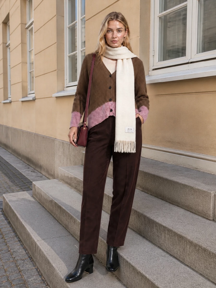 Marni brown cardigan tailored trousers outfit