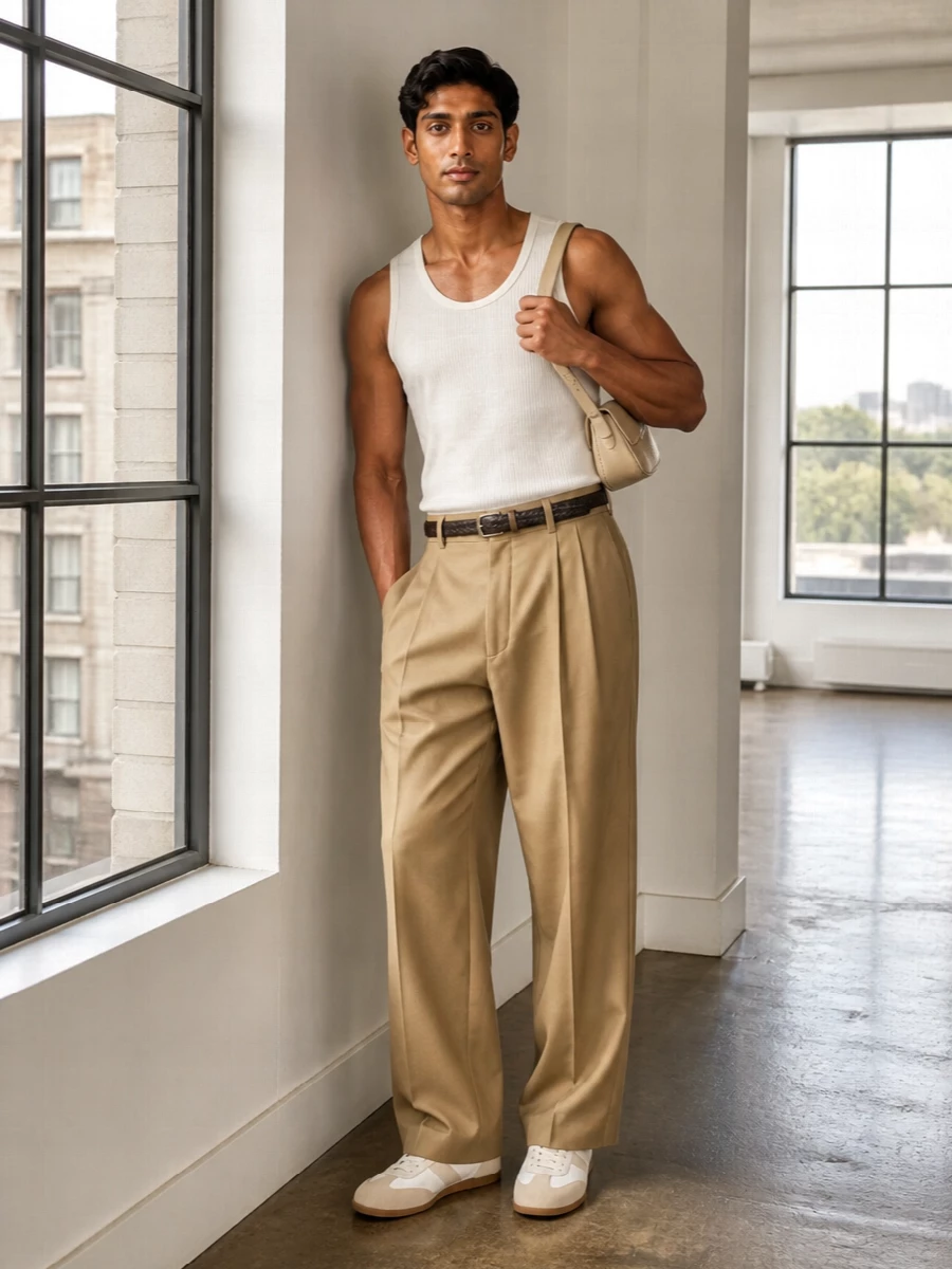 Lemaire camel wide leg trousers off white tank