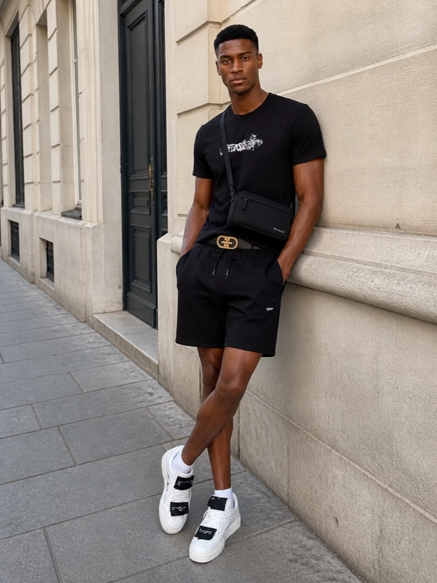 This look leans into clean Off-White streetwear: a black graphic tee grounded by equally minimal black deck shorts for an easy, athletic summer uniform. White-and-black Off-White sneakers and a slim black Givenchy crossbody keep the palette tight and urban, while the Balenciaga belt adds a discreet hit of luxury hardware to lift the simplicity of the base pieces.
