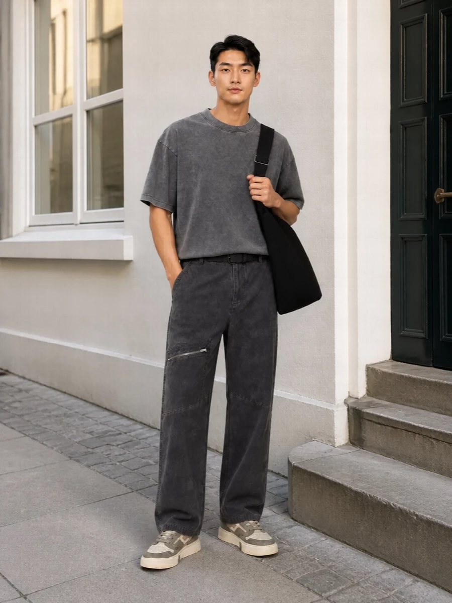 Washed charcoal on charcoal keeps the outfit tight and graphic, with the tee and utility trouser reading as one easy, relaxed line. Chunky taupe sneakers bring just enough contrast while staying in the same muted spectrum. The soft black hobo and low-key technical belt finish it with a practical, city-ready edge that still feels clean and deliberate.
